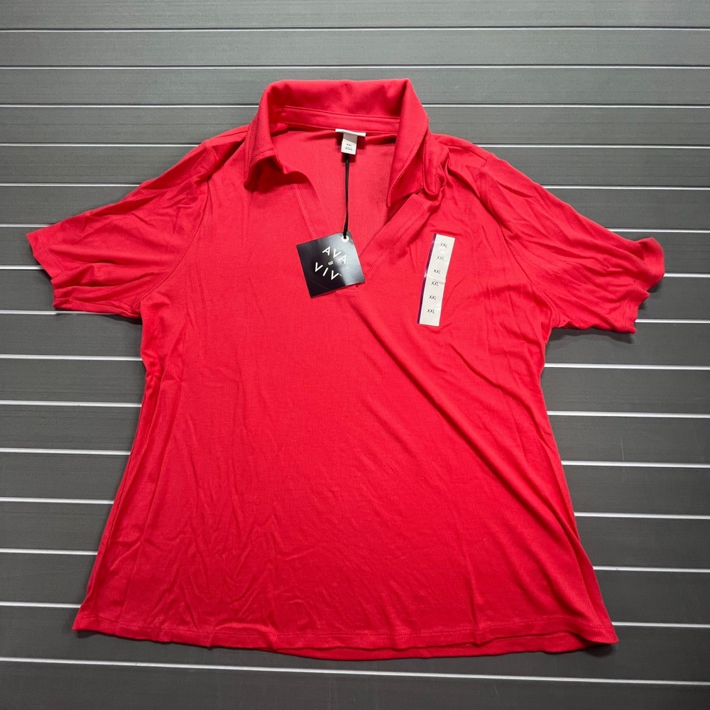 AVA & VIV Women's Red V Neck Short Sleeve Polo Shirt Plus Size XXL‎ Ribbed